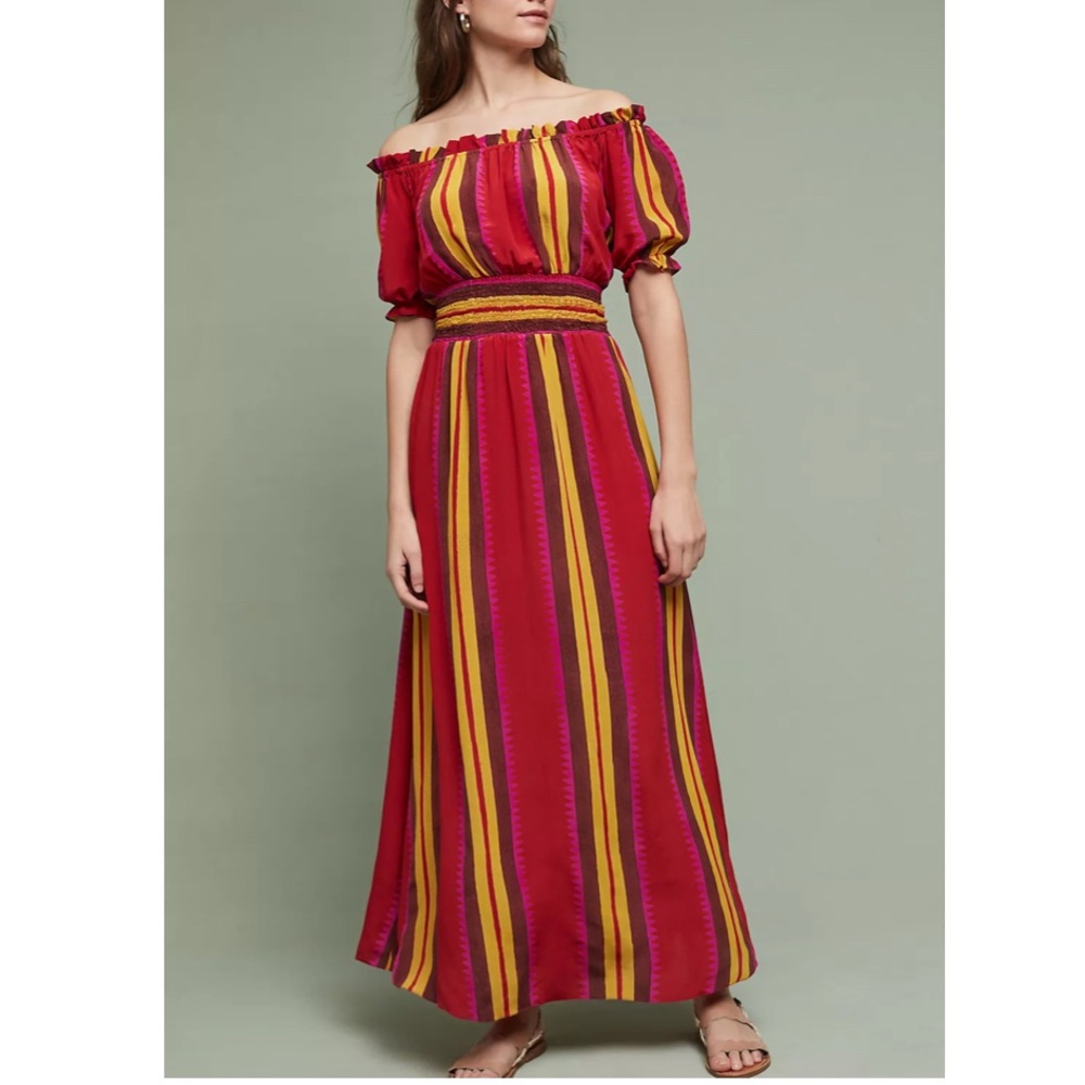 Anupamaa Anthropologie Tesni Silk Striped Multicolor Smocked Maxi Dress Medium